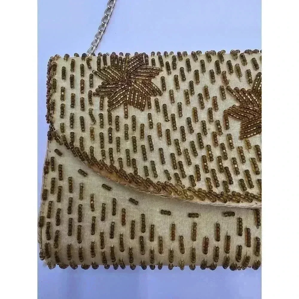 Vtg  Charisma Hong Kong Beaded Yellow and Gold Purse with Chain Strap